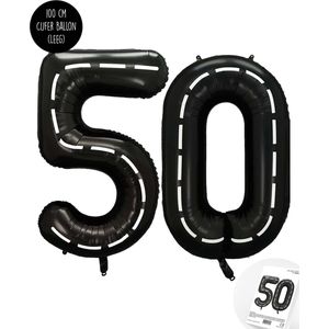 Cijfer Helium Folie Ballon XXL - 50 jaar cijfer - Zwart - Wit - Race Thema - Formule1 - 100 cm - Snoes