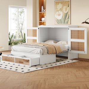 Sweiko Opklapbed - 140 x 200 cm - Opbergkast - 2 lades - Rieten ontwerp - Wit