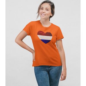 Dames Slim fit T-shirt Nederlandse vlag met Hart magic sequence | koningsdag kleding| Holland | EK-WK-Olympische Spelen | Oranje | maat S