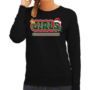 Bellatio Decorations foute kersttrui/sweater voor dames - girls just wanna have wine - zwart/rood XXL