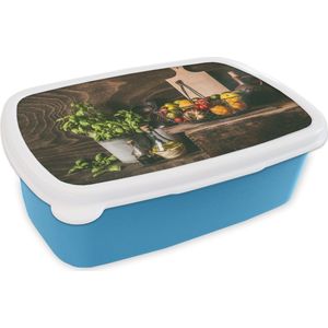 Broodtrommel Blauw - Lunchbox - Brooddoos - Groente - Kruiden - Rustiek - Stilleven - Basilicum - 18x12x6 cm - Kinderen - Jongen