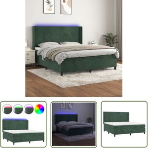 The Living Store Boxspring - Donkergroen fluweel - 203x183x118/128 cm - Verstelbaar hoofdbord - Kleurrijke LED-verlichting - Pocketvering matras - Huidvriendelijk topmatras - Incl - montagehandleiding