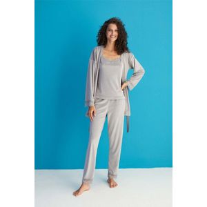 Mihra | Dames 3 Delige Fleece Pyjama Set | 100% Polyester | Lange Mouwen | Grijs | L