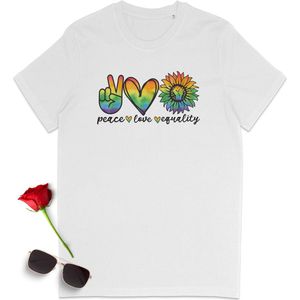 Gay Pride t shirt - Pride tshirt - Peace Love Equality - Dames tshirt met print - Heren t shirt met Pride opdruk - Unisex Pride Shirt - Unisex maten: S M L XL XXL XXXL - tshirt kleuren: Wit,  geel, oranje, roze en rood.