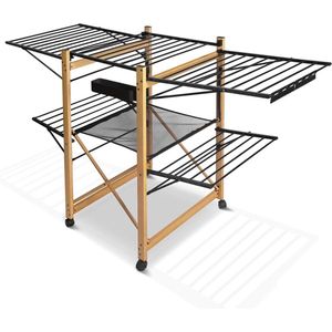 Uitschuifbaar Wasrek - Staand Droogrek van Roestvrij Staal - Hoogwaardig Materiaal - Vleugelwasdroger met Wieltjes - Drooglengte 30 m - Ruimtebesparend Inklapbaar Wasrek - 180 x 105 x 61 cm - Hout en Zwart