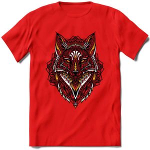 Vos - Dieren Mandala T-Shirt | Geel | Grappig Verjaardag Zentangle Dierenkop Cadeau Shirt | Dames - Heren - Unisex | Wildlife Tshirt Kleding Kado | - Rood - M