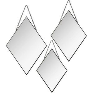 Atmosphera Wandspiegels - set van 3x spiegels - ruit - metaal - zwart - met ketting
