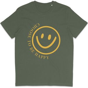 Grappig T Shirt Dames Heren - Choose to be Happy Smiley - Khaki Groen - L