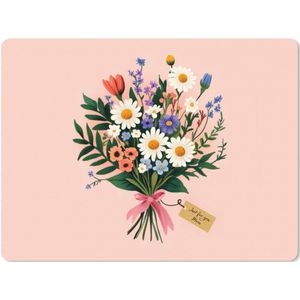 Muismat XXL - Bureau onderlegger - Bureau mat - Margrieten - Boeket - Strikje - Roze - 80x60 cm - XXL muismat