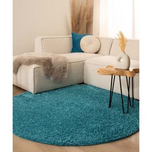 Hoogpolig vloerkleed shaggy Trend effen rond - turquoise 120 cm rond