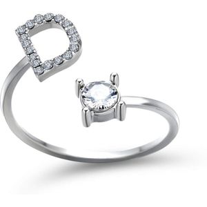Ring met letter D - Ring met steen - Aanschuifring - Zilver kleurig - Ring Zilver dames - Cadeau voor vriendin - Vrouw - Sieraad meisje - Mooie ring tieners - Alfabet ring D - Ring met initiaal