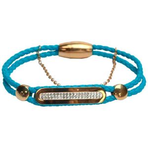 Silventi 980101606 Stalen Armband - Dames - Gevlochten - Met kristal - Magneet Sluiting - Lichtblauw - 19cm - Goudkleurig - Leer