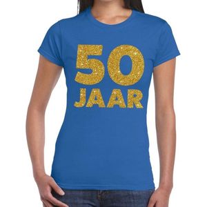 50 Jaar gouden glitter tekst verjaardag blauw dames - dames shirt 50 Jaar - Sarah kleding L