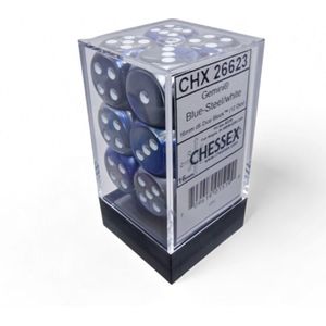 Chessex Gemini Blauw-Staal/wit D6 16mm Dobbelsteen Set (12 stuks)