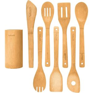Keukengerei Set van Bamboe 8-Stuks met Houten Spatel - Kooklepel - Vork - Draaier - Keukentang - Kookgereihouder - Houten Kookgerei voor Anti-aanbakpannen - Keukenaccessoires en Hulpjes
