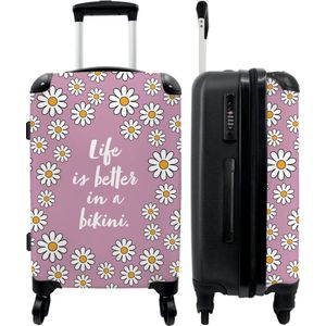 NoBoringSuitcases.com - Grote koffer - Quote - Bloemen - Roze - Life is better in a bikini - Reiskoffer met 4 wielen - Trolley op wieltjes - Rolkoffer groot - 90 liter - Ruimbagage valies 20kg - Valiezen voor volwassenen