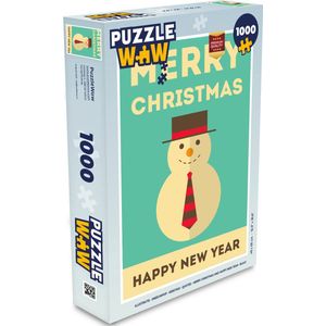 Puzzel Illustratie - Sneeuwpop - Kerstmis - Quotes - Merry Christmas and Happy New Year - Blauw - Legpuzzel - Puzzel 1000 stukjes volwassenen - Kerst - Cadeau - Kerstcadeau voor mannen, vrouwen en kinderen