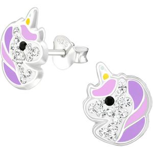 Joy|S - Zilveren eenhoorn oorbellen - 9 mm - paars met kristal - unicorn paard oorknoppen