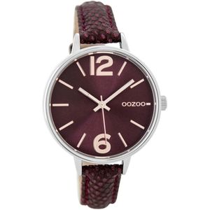 OOZOO Timepieces - Zilverkleurige horloge met bordeaux rode leren band - C9482