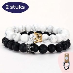 Couple Armband - Zwart Wit - Natuursteen Kralen - Cadeau - Lavasteen - Ying Yang - Koppel armbanden - Vriendschapsarmbandjes - Dames & Heren - 2 Stuks