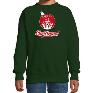 Rendier Kerstbal sweater / Kerst trui Merry Christmas groen voor kinderen - Kerstkleding / Christmas outfit 122/128