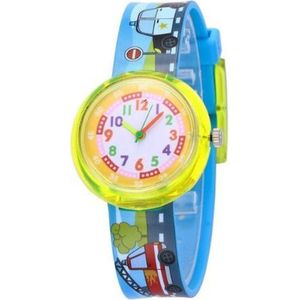 Auto/ brandweerauto - kinderhorloge/ peuter horloge - educatief horloge- jongens - blauw/geel - 30 mm - I-deLuxe verpakking