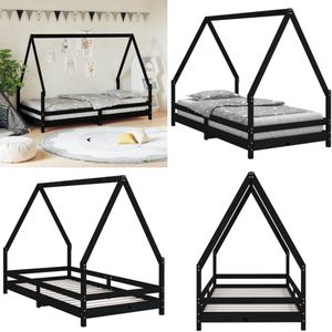 vidaXL Kinderbedframe 90x190 cm massief grenenhout zwart - Kinderbedframe - Kinderbedframes - Kinderbed - Peuterbed