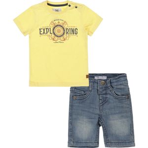 Koko Noko - Dirkje - Kledingset - 2delig - Jongens - Short Blue Jeans - Shirt Yellow met print - Maat 104