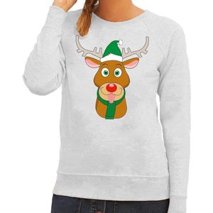 Foute kersttrui / sweater met Rudolf het rendier met groene kerstmuts grijs voor dames - Kersttruien M