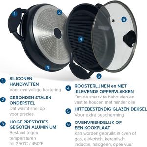 ronde grillpan van gegoten aluminium met siliconen handgrepen en ovenbestendige deksel, bevat een gebonden stalen bodem geschikt voor Inductie 27 cm antiaanbaklaag voor vlees vis groenten