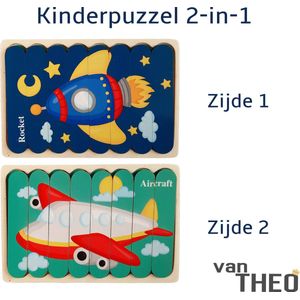 Houten Puzzel - Dubbelzijdige Kinderpuzzels - Set 2-in-1 - Montessori Speelgoed - Set Raket en Vliegtuig