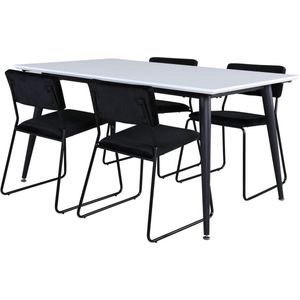 Jimmy150 eethoek eetkamertafel uitschuifbare tafel lengte cm 150 / 240 wit en 4 Kenth eetkamerstal velours zwart.