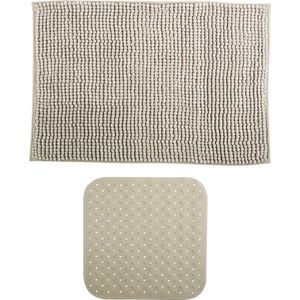 MSV Douche anti-slip mat en droogloop mat - Sevilla badkamer set - rubber/microvezel - beige