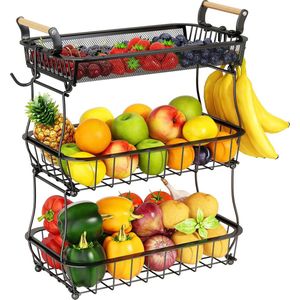 Fruitmand, 3-laags fruitschaal met 2 bananenhanger, keukenrek voor aanrecht, groententeller, grote metalen kommen, perfect voor het bewaren van fruit, groenten, snacks, cupcakes, zwart