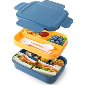 Bento Box lunchbox voor volwassenen, stapelbaar, 2000 ml, met 8 vakken, lekvrije lunchcontainers, ingebouwd sauscontainer, keukengerei, magnetron, vaatwasser- en vriezerbestendig, blauw
