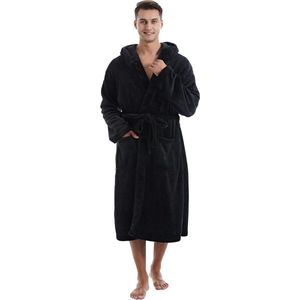 Badjas heren met capuchon, sauna badjas heren lang pluizig fleece extra zacht M, L, XL, XXL