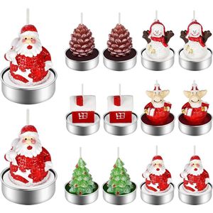 12 stuks kersttheelichtkaarsen, handgemaakte delicate theelichtjes, kaarsen voor kersttafeldecoraties (kerstboom, dennenappels, sneeuwhuis, kerstman, sneeuwpop, eland)