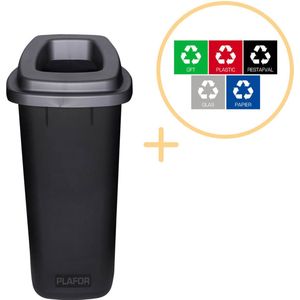 Plafor Sort Bin, Prullenbak voor afvalscheiding - 90L – Zwart- Inclusief 5-delige Stickerset - Afvalbak voor gemakkelijk Afval Scheiden en Recycling - Afvalemmer - Vuilnisbak voor Huishouden, Keuken en Kantoor - Afvalbakken - Recyclen