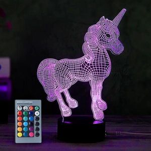 Leuke Eenhoorn met Remote control 3D LED-LAMP Nachtlampje + afstandsbediening + usb kabel  RGB-lamp - Decoratieve 7 kleuren Cartoon speelgoed
