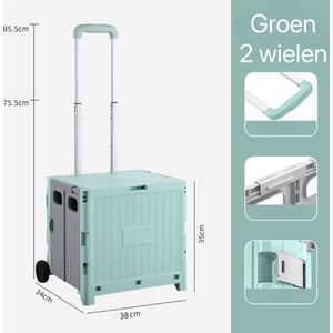 Inklapbare krat - Opvouwbare krat - Inklapbare krat met deksel - 45 L - Boodschappentrolley - Opvouwbare boodschappentrolley - Boodschappenkrat - Vouwkrat - Trolley - Groen - 2 wielen