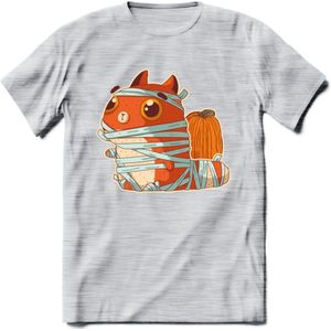 Mummy kat T-Shirt Grappig | Dieren katten halloween Kleding Kado Heren / Dames | Animal Skateboard Cadeau shirt - Licht Grijs - Gemaleerd - S