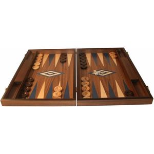 Walnoothout Backgammon - Blauwe  inleg, 48 x 60 x 4 x 8 cm