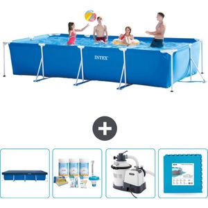 Intex Rechthoekig Frame Zwembad - 450 x 220 x 84 cm - Blauw - Inclusief Afdekzeil - Onderhoudspakket - Zwembadfilterpomp - Vloertegels