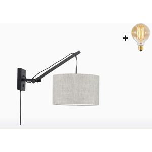 Wandlamp met Korte Arm - ANDES - Zwart Bamboe - Licht Linnen - Met LED-lamp