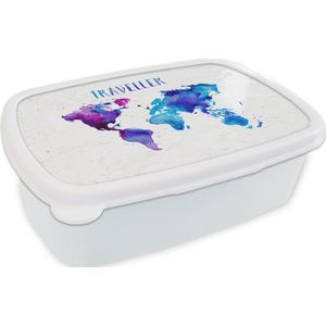 Broodtrommel Wit - Lunchbox - Brooddoos - Wereldkaart - Spreuken - Aquarelverf - 18x12x6 cm - Volwassenen