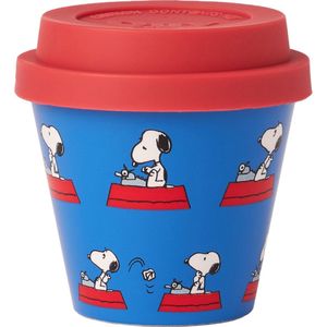Quy Cup - 90ml Ecologische Reis Beker - Espressobeker ""Peanuts Snoopy 9 Writing” met Rode Siliconen deksel 7x7x7cm