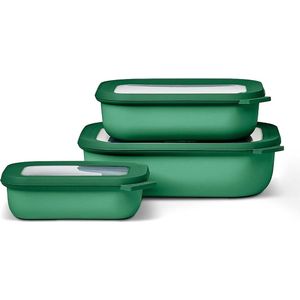 Rechthoekige Multi Bowl Set van 3 - Voorraadpotten met deksel - Geschikt als opbergdoos, koelkast, vriezer en magnetronservies - 500 ml, 1000 & 2000 ml - Levendig Groen