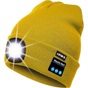 Muts met LED verlichting - Bluetooth muziek functie - Beanie Mosterd Geel - USB-oplaadbaar - 4 helder licht LED lampen - 3 standen - One-size - Unisex - Wasbaar