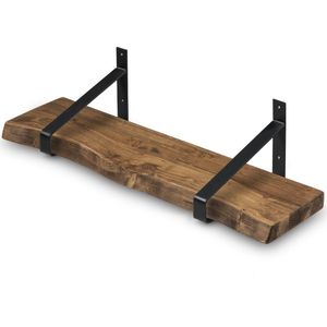 Wandplank Hout 300x20 cm incl. Zwarte Stalen Plankdragers - Boomstam Plank – Boekenplank - Muurplank - Wandrek