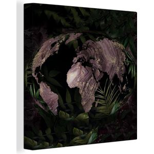 Canvas Wereldkaart - 50x50 - Wanddecoratie Wereldkaart - Planten - Paars